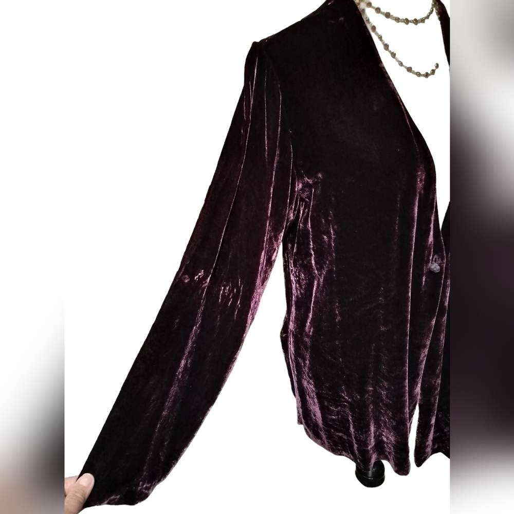 2242)Eileen Fisher Deep Burgundy Single Button Silk Blend Velvet Cardigan Size L - Picture 4 of 8